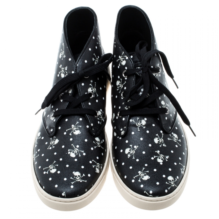 Pre Owned Dolce and Gabbana Black Skull and Cross Bone Print Canvas High Top Sneakers Size 42
