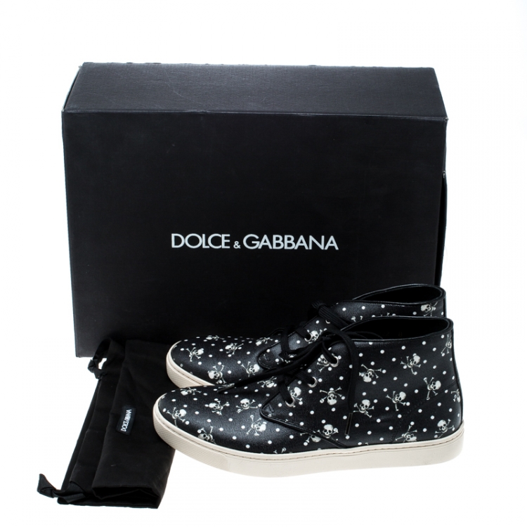 Pre Owned Dolce and Gabbana Black Skull and Cross Bone Print Canvas High Top Sneakers Size 42