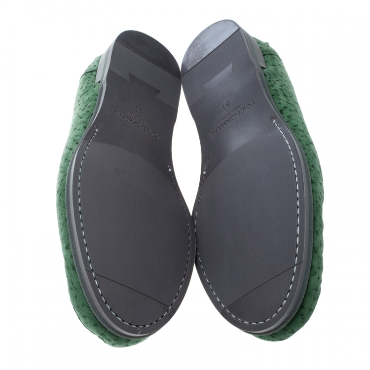 Pre Owned Dolce and Gabbana Green Textured Suede Genova Loafers Size 42.5