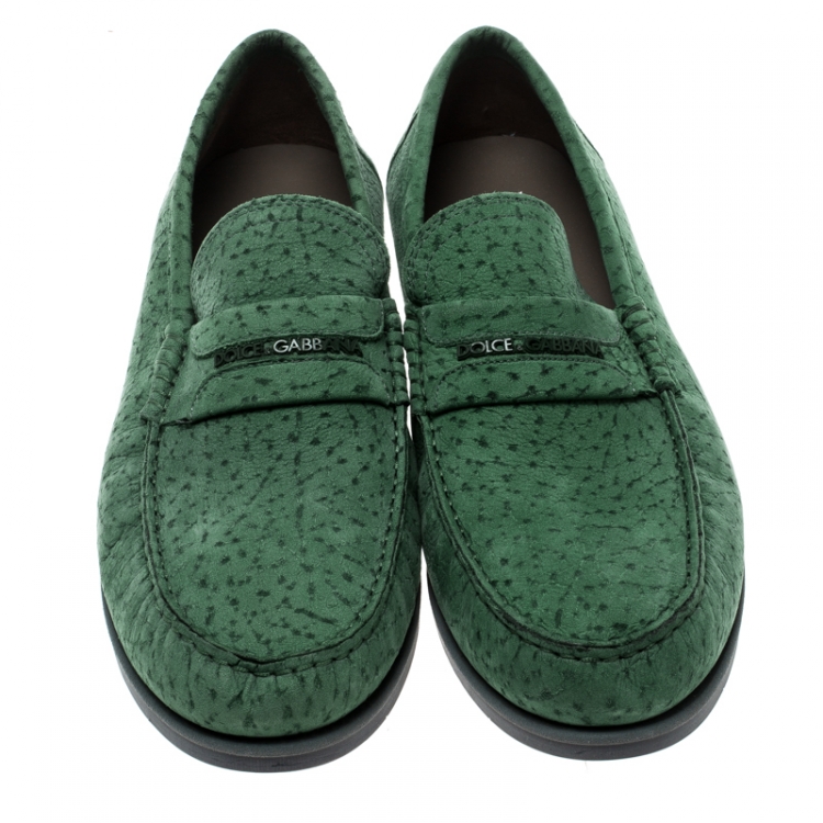 Pre Owned Dolce and Gabbana Green Textured Suede Genova Loafers Size 42.5