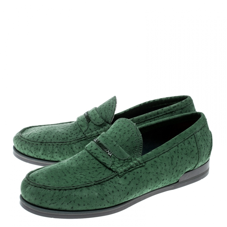 Pre Owned Dolce and Gabbana Green Textured Suede Genova Loafers Size 42.5