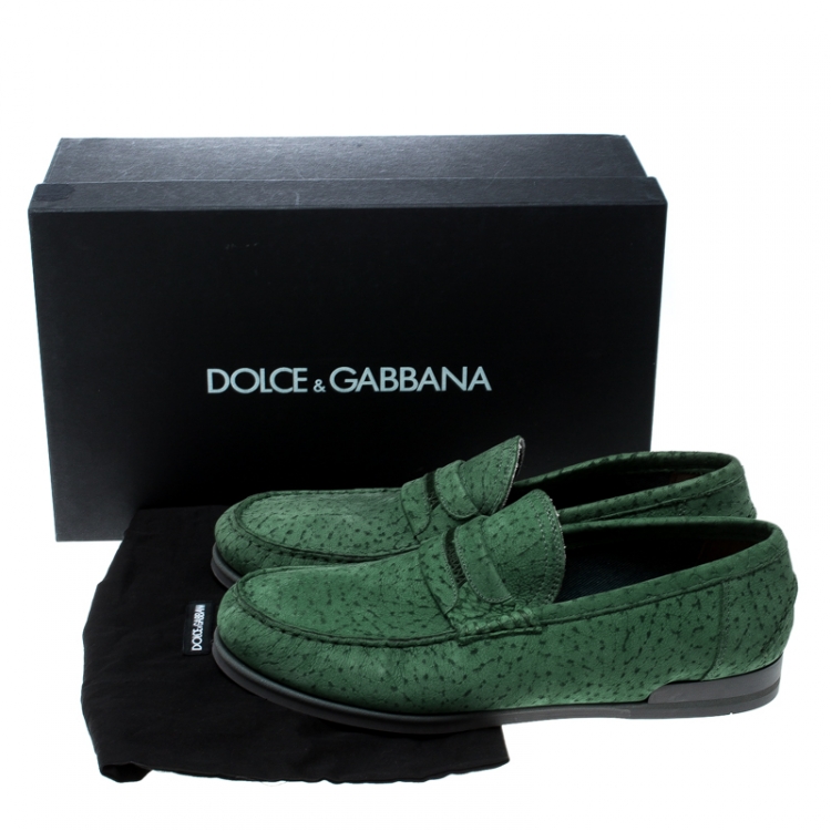 Pre Owned Dolce and Gabbana Green Textured Suede Genova Loafers Size 42.5