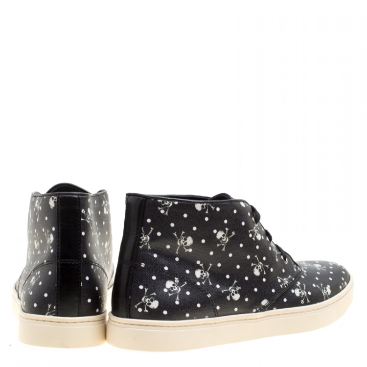 Pre Owned Dolce and Gabbana Black Skull and Cross Bone Print Canvas High Top Sneakers Size 42.5