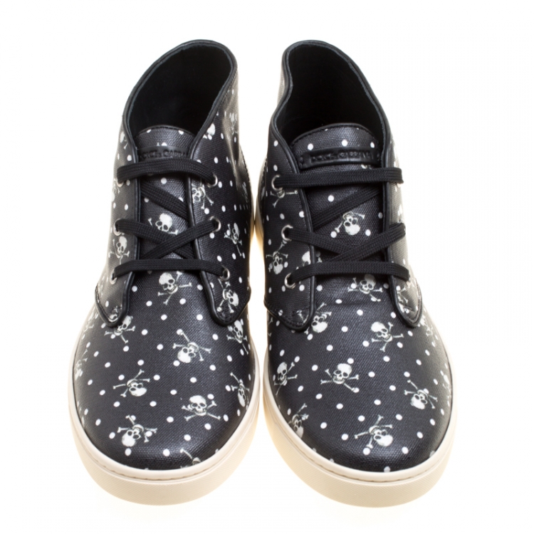Pre Owned Dolce and Gabbana Black Skull and Cross Bone Print Canvas High Top Sneakers Size 42.5