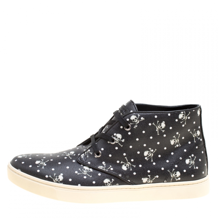 Pre Owned Dolce and Gabbana Black Skull and Cross Bone Print Canvas High Top Sneakers Size 42.5