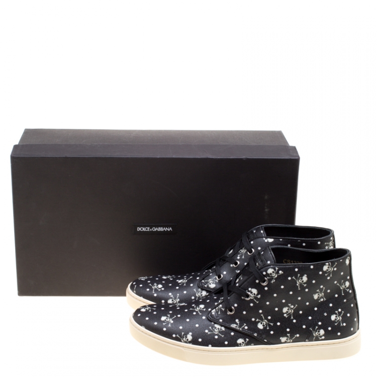 Pre Owned Dolce and Gabbana Black Skull and Cross Bone Print Canvas High Top Sneakers Size 42.5