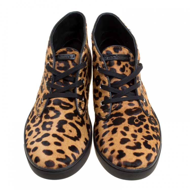 مملوكة مسبقًا Dolce and Gabbana Brown Leopard Print Calf Hair High Top Sneakers Size 44