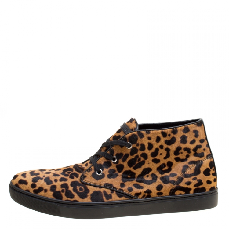 مملوكة مسبقًا Dolce and Gabbana Brown Leopard Print Calf Hair High Top Sneakers Size 44