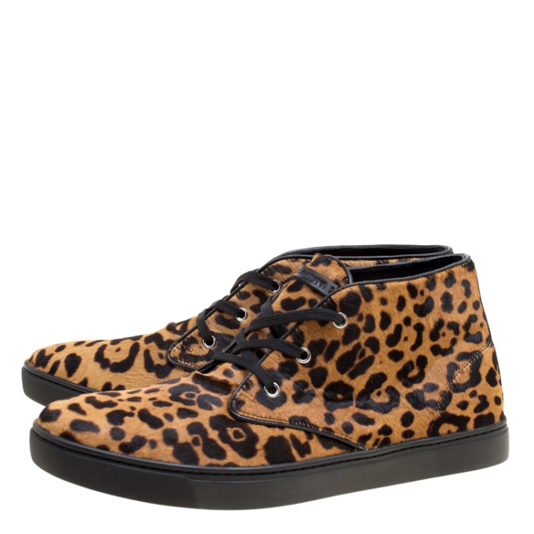 مملوكة مسبقًا Dolce and Gabbana Brown Leopard Print Calf Hair High Top Sneakers Size 44