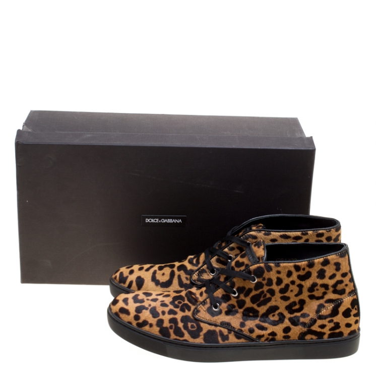 مملوكة مسبقًا Dolce and Gabbana Brown Leopard Print Calf Hair High Top Sneakers Size 44