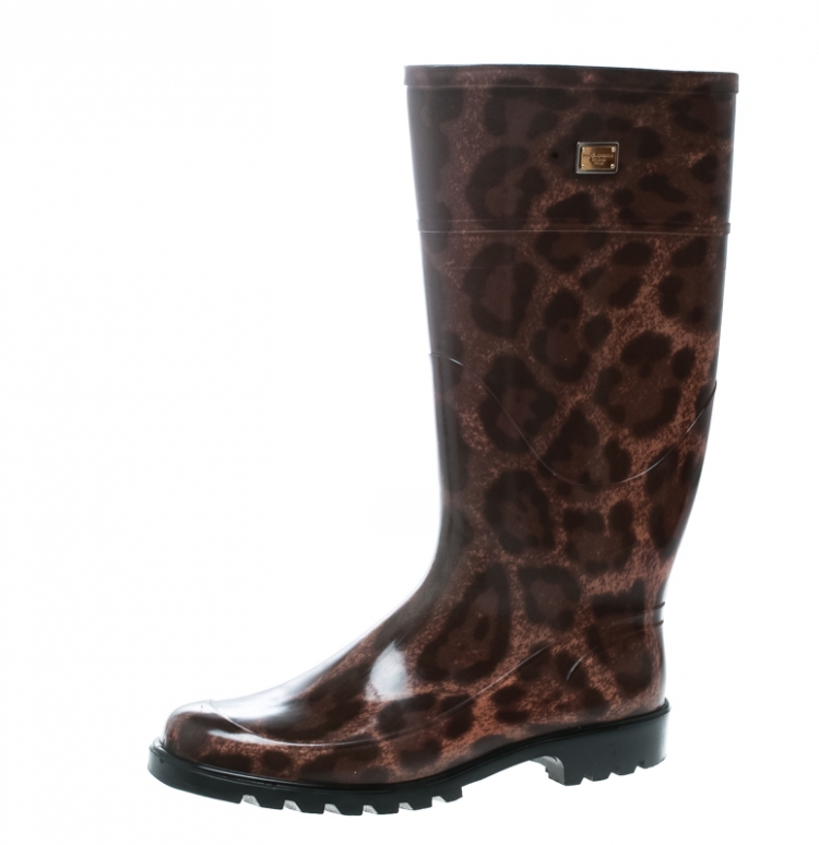 Pre Owned Dolce and Gabbana Brown Leopard Print Wellington Rubber Boots Size 39