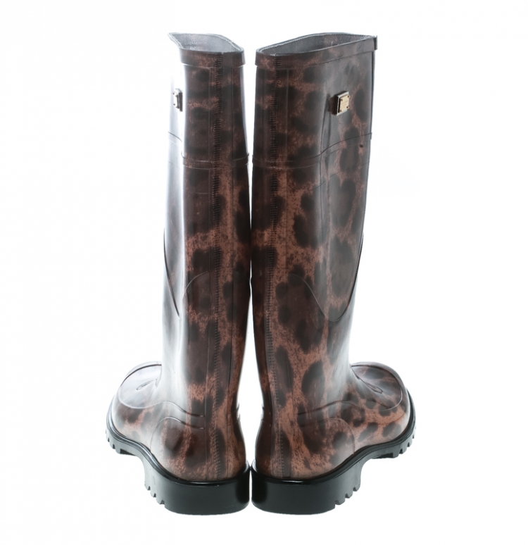 Pre Owned Dolce and Gabbana Brown Leopard Print Wellington Rubber Boots Size 39