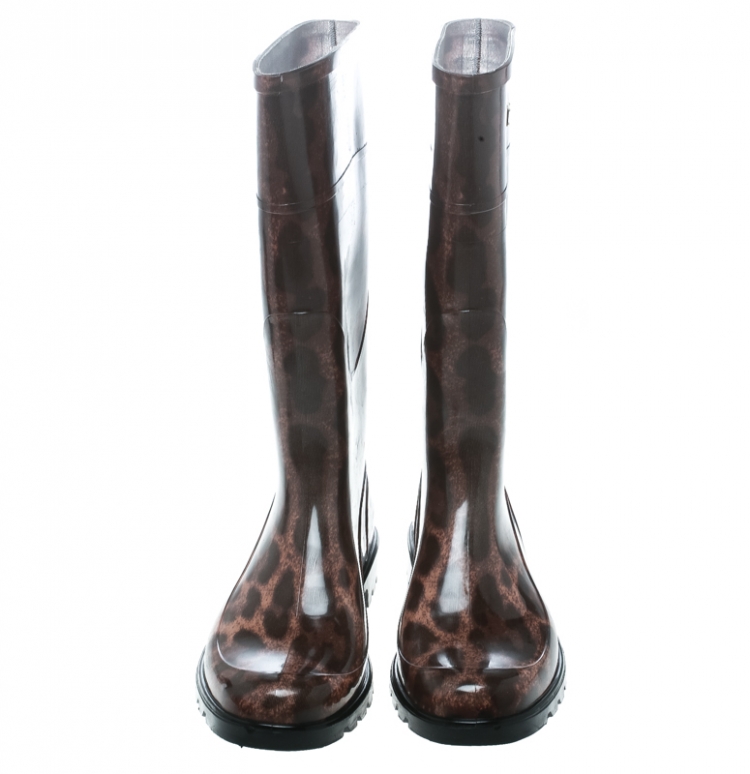 Pre Owned Dolce and Gabbana Brown Leopard Print Wellington Rubber Boots Size 39