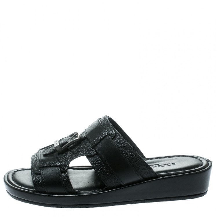 Pre Owned Dolce and Gabbana Black Leather Buckle Platform Slide Sandals Size 40.5