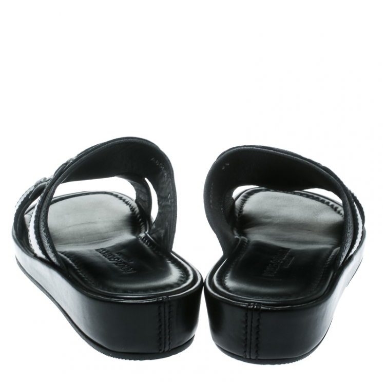 Pre Owned Dolce and Gabbana Black Leather Buckle Platform Slide Sandals Size 40.5
