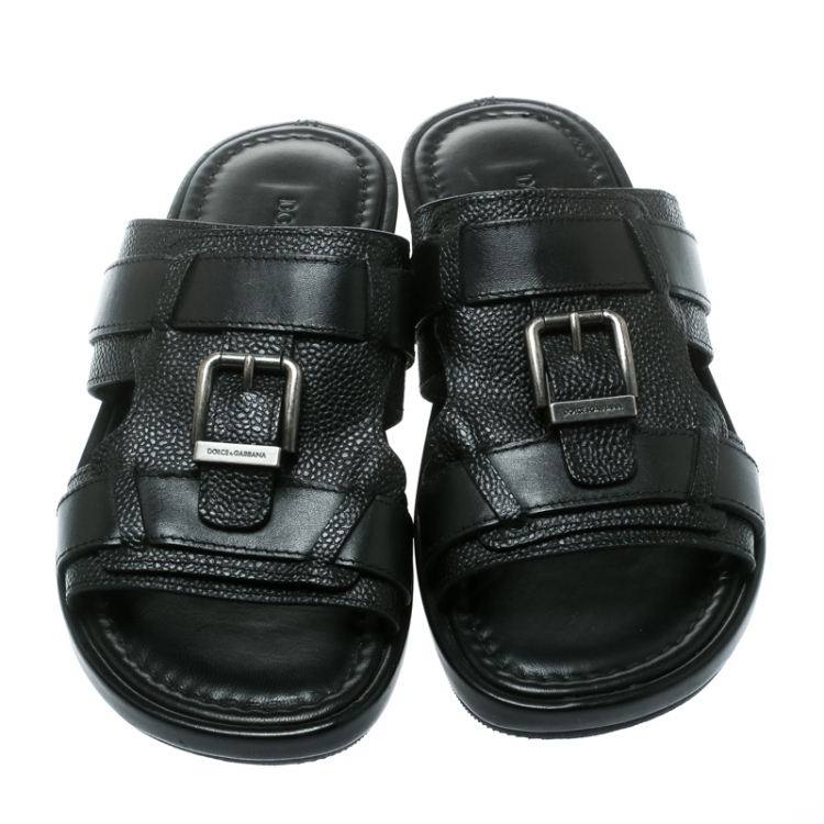 Pre Owned Dolce and Gabbana Black Leather Buckle Platform Slide Sandals Size 40.5