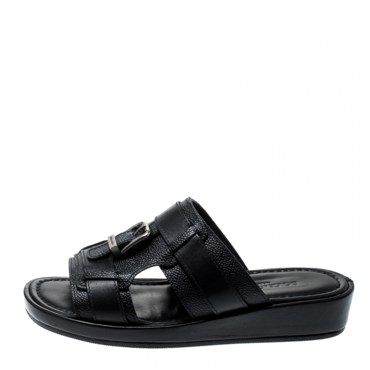 مملوكة مسبقًا Dolce and Gabbana Black Leather Buckle Platform Slide Sandals Size 40.5