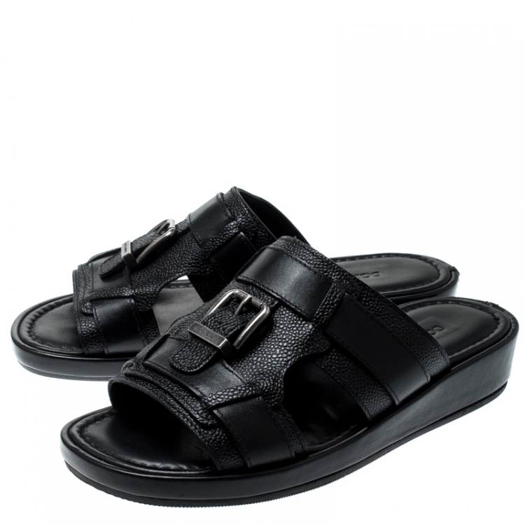 مملوكة مسبقًا Dolce and Gabbana Black Leather Buckle Platform Slide Sandals Size 40.5