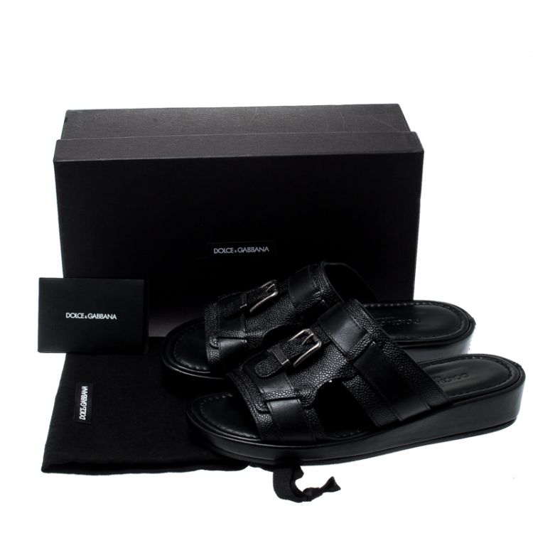 مملوكة مسبقًا Dolce and Gabbana Black Leather Buckle Platform Slide Sandals Size 40.5