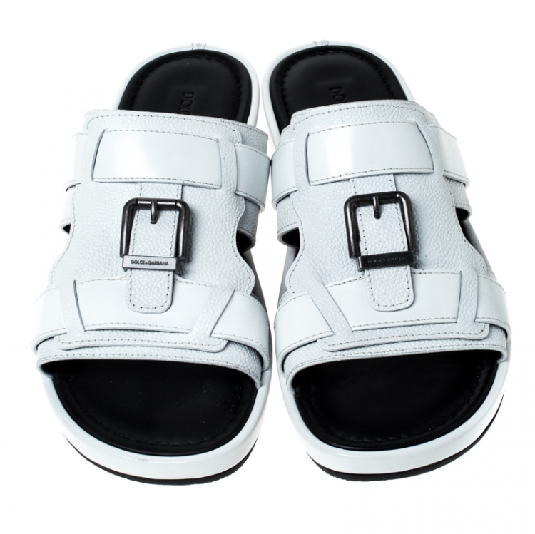 Pre Owned Dolce and Gabbana White Leather Buckle Platform Slide Sandals Size 43