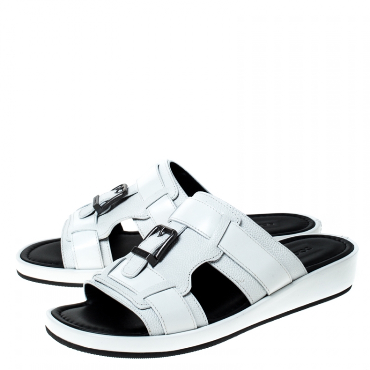 Pre Owned Dolce and Gabbana White Leather Buckle Platform Slide Sandals Size 43