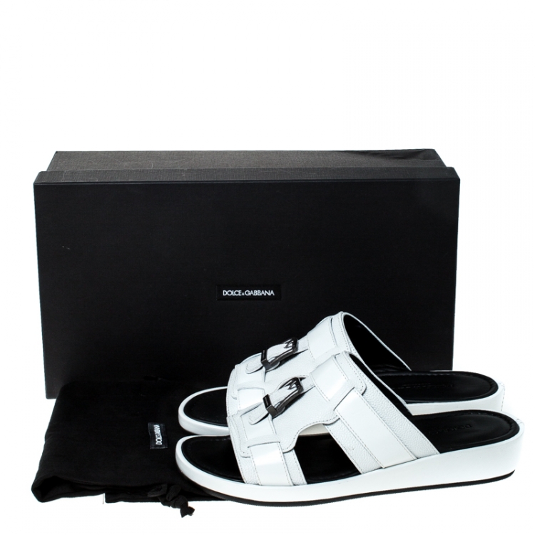 Pre Owned Dolce and Gabbana White Leather Buckle Platform Slide Sandals Size 43