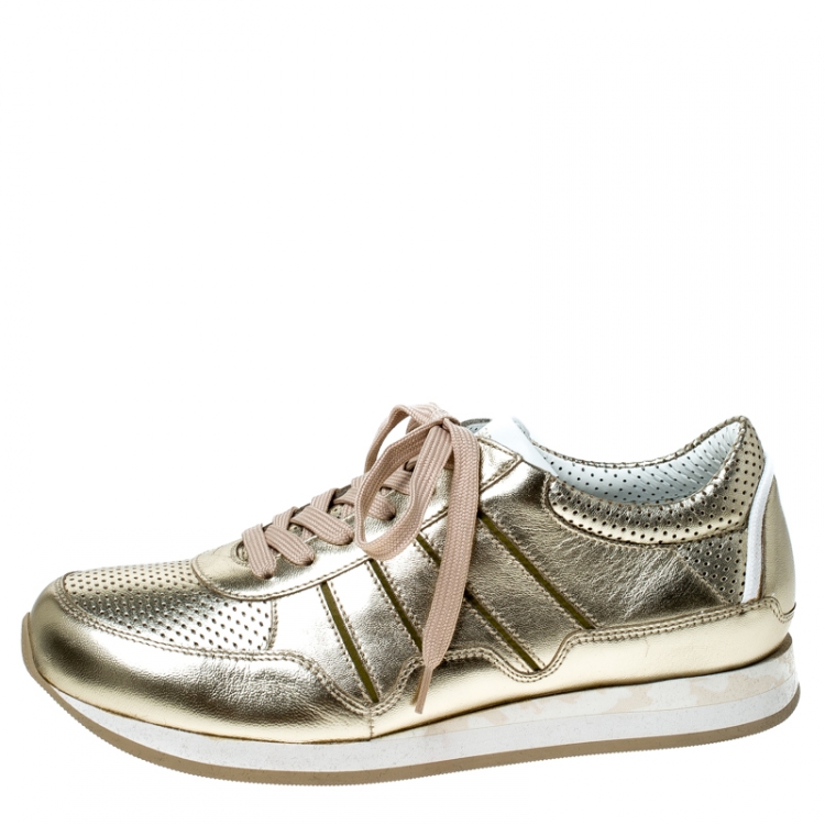 Pre Owned Dolce & Gabbana Metallic Gold Leather Lace Up Sneakers Size 40