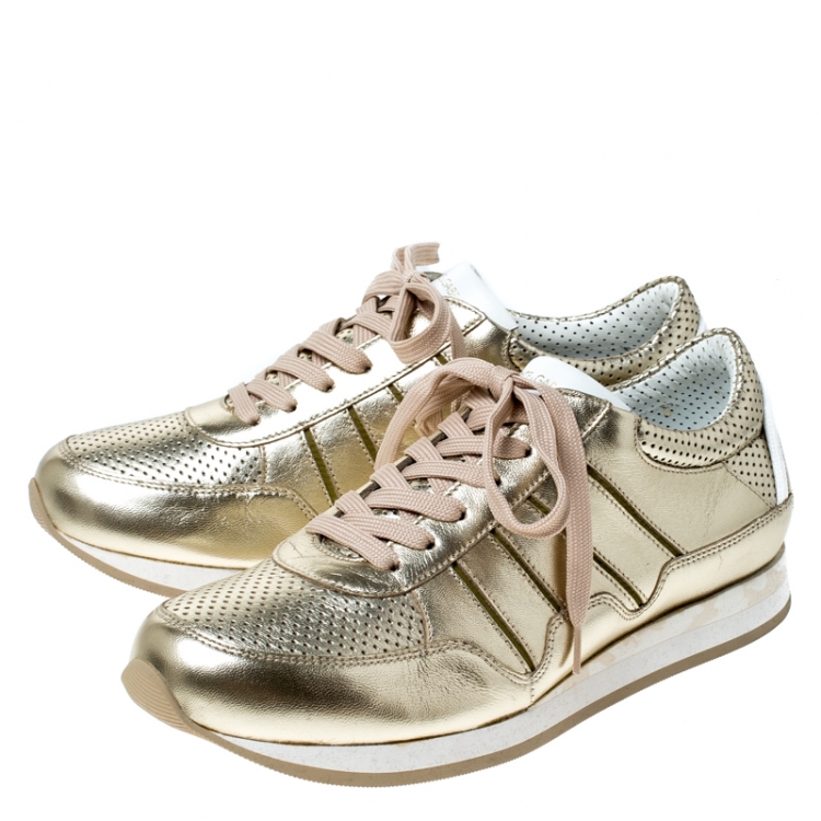 Pre Owned Dolce & Gabbana Metallic Gold Leather Lace Up Sneakers Size 40