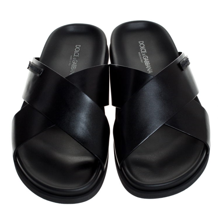 Pre Owned Dolce and Gabbana Black Leather Cross Strap Sandals Size 45