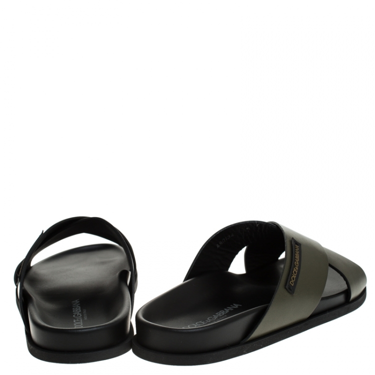Pre Owned Dolce and Gabbana Olive Green Leather Cross Strap Sandals Size 45