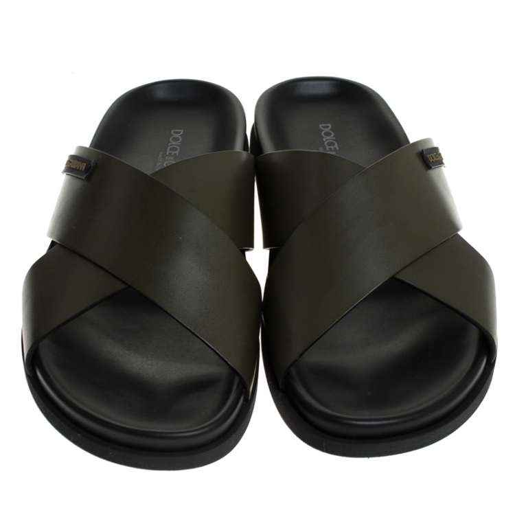 Pre Owned Dolce and Gabbana Olive Green Leather Cross Strap Sandals Size 43