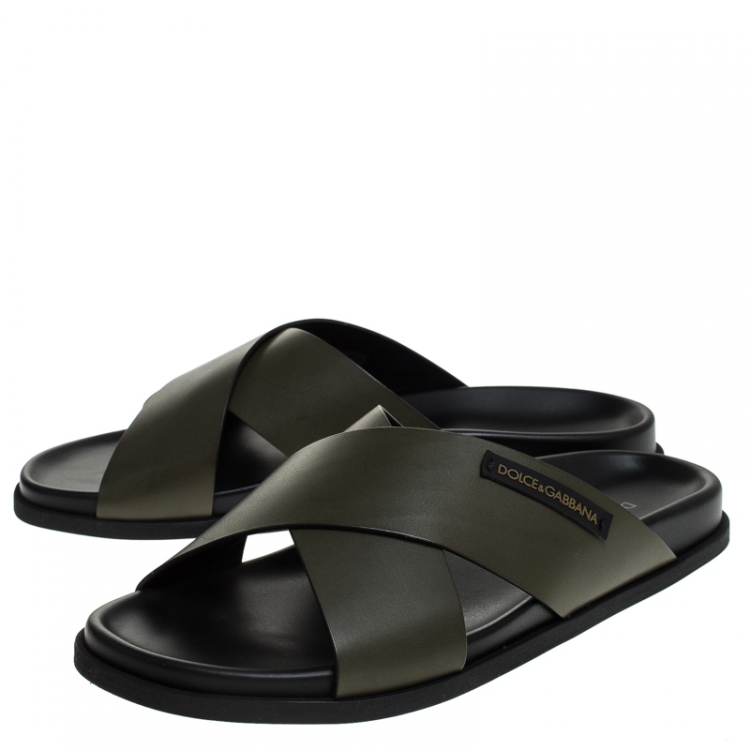Pre Owned Dolce and Gabbana Olive Green Leather Cross Strap Sandals Size 43
