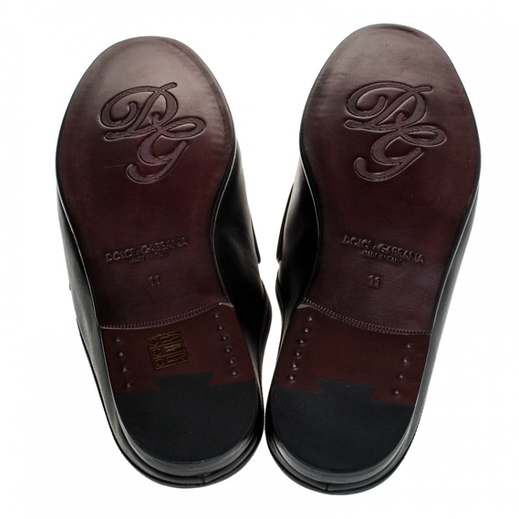 Pre Owned Dolce & Gabbana Black Leather Embroidered Logo Slip On Mules Size 45