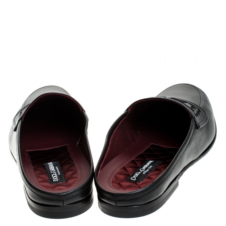 Pre Owned Dolce & Gabbana Black Leather Embroidered Logo Slip On Mules Size 45