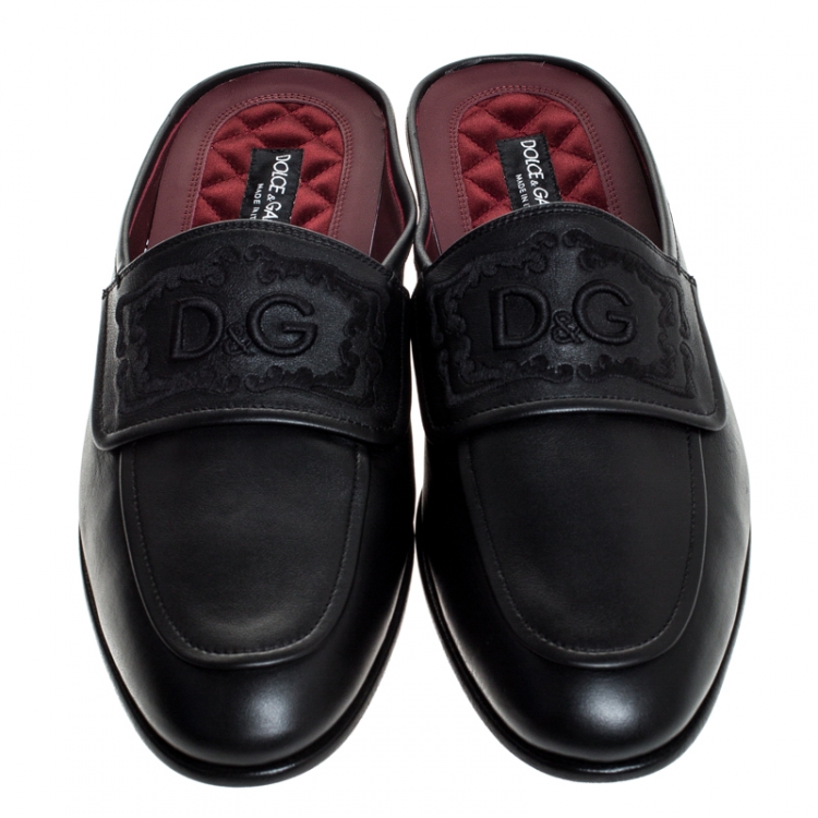 Pre Owned Dolce & Gabbana Black Leather Embroidered Logo Slip On Mules Size 45