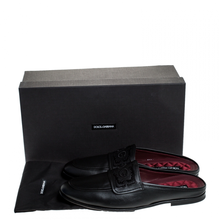 Pre Owned Dolce & Gabbana Black Leather Embroidered Logo Slip On Mules Size 45
