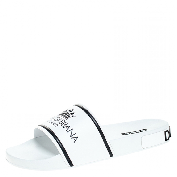 Dolce and Gabbana White Leather Crown Logo Slip On Slides Size 41