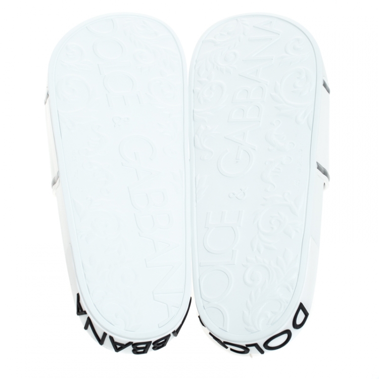 Pre Owned Dolce & Gabbana White Leather Crown Logo Slip On Slides Size 43