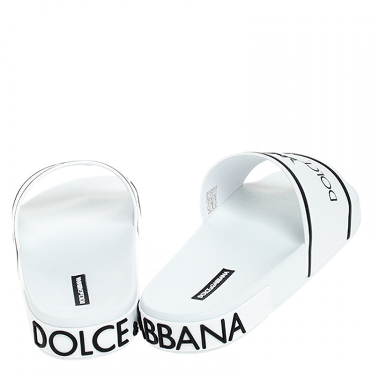 Pre Owned Dolce & Gabbana White Leather Crown Logo Slip On Slides Size 43
