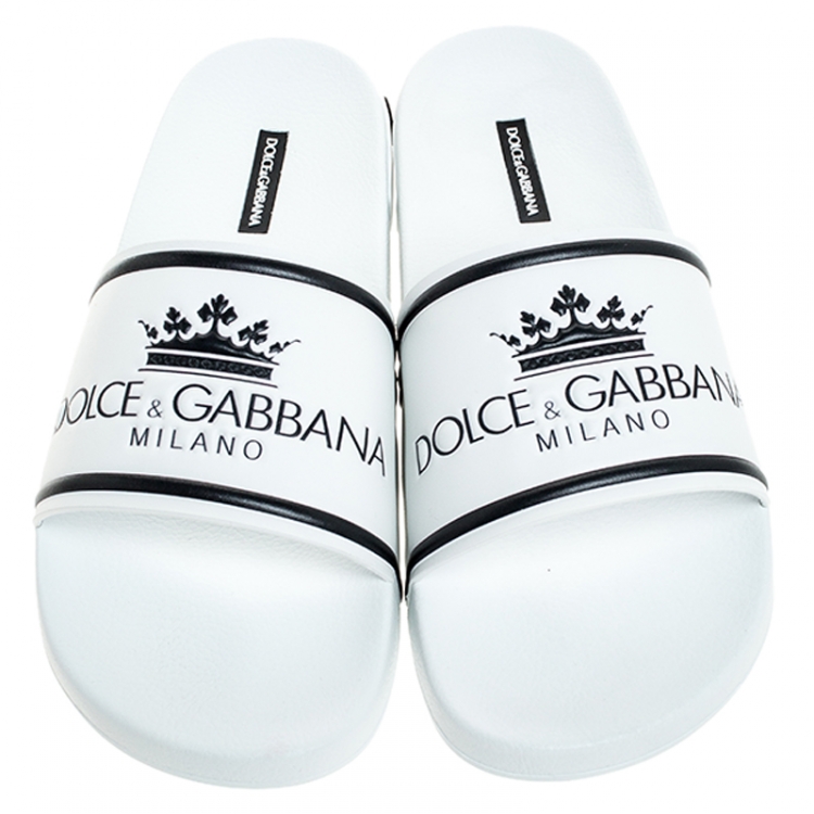 Pre Owned Dolce & Gabbana White Leather Crown Logo Slip On Slides Size 43