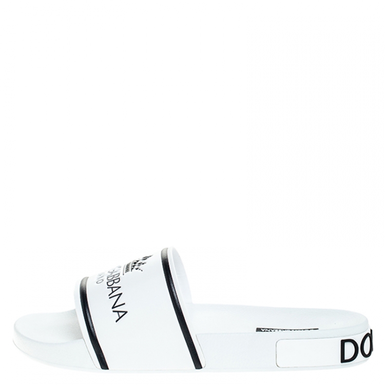 Pre Owned Dolce & Gabbana White Leather Crown Logo Slip On Slides Size 43