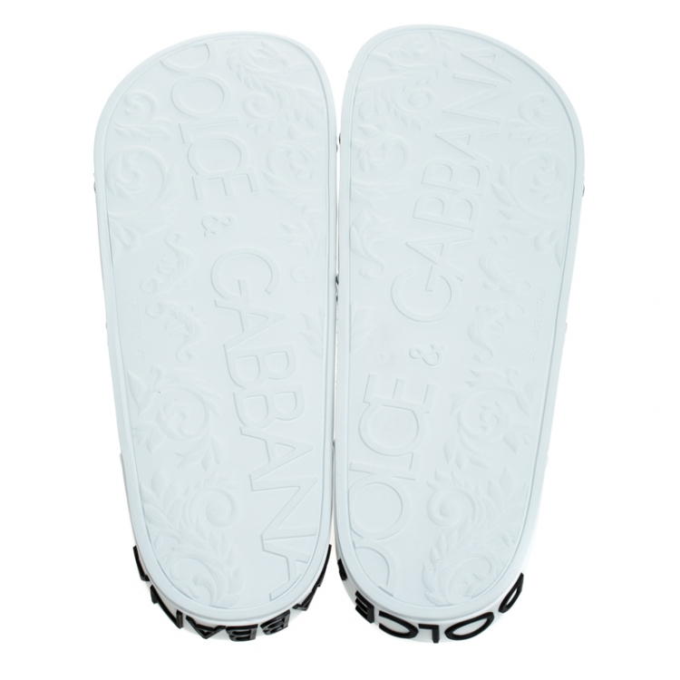 Pre Owned Dolce and Gabbana White Leather Crown Logo Slip On Slides Size 45