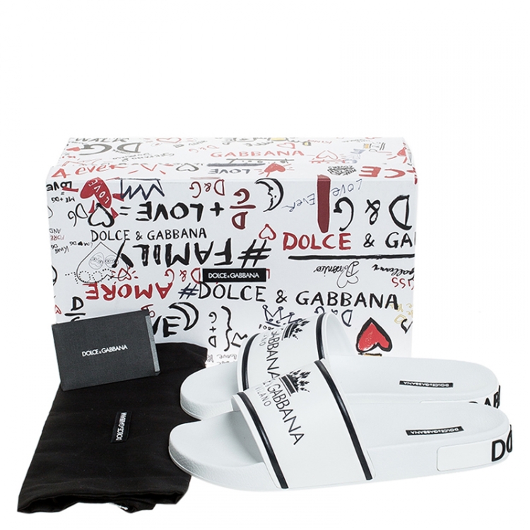 Pre Owned Dolce and Gabbana White Leather Crown Logo Slip On Slides Size 45