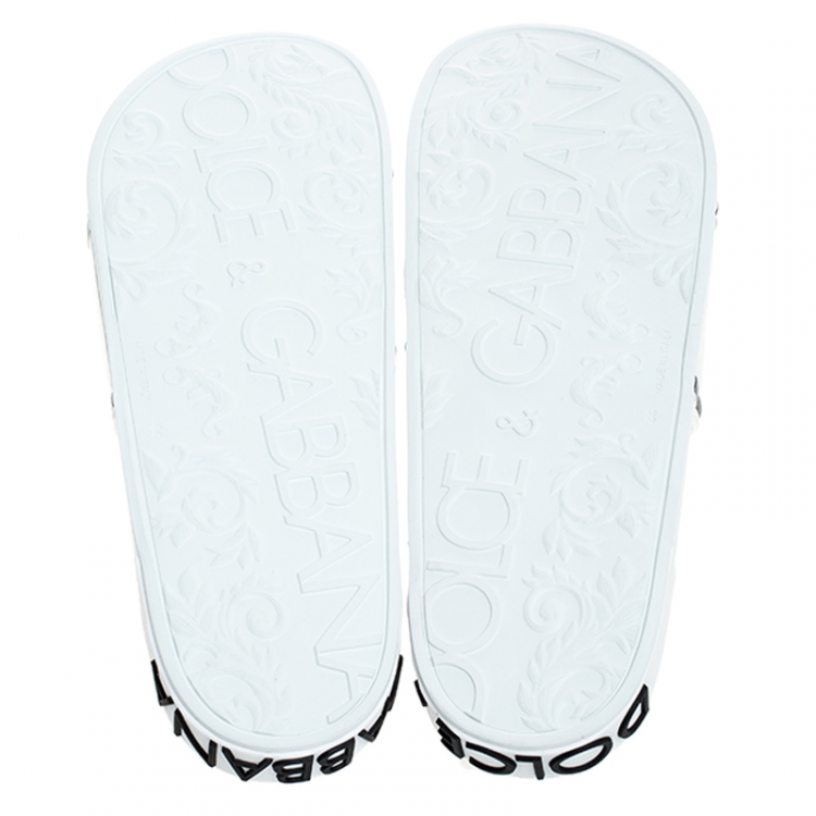 Pre Owned Dolce and Gabbana White Leather Crown Logo Slip On Slides Size 44