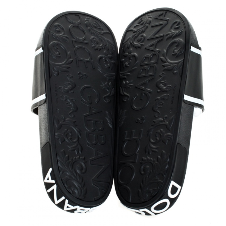 مملوكة مسبقًا Dolce and Gabbana Black Leather Crown Logo Slip On Slide Size 40