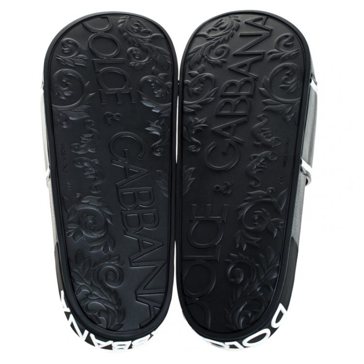 Pre Owned Dolce and Gabbana Black Leather Crown Logo Slip On Slides Size 44
