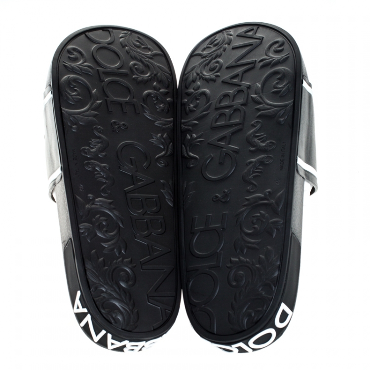مملوكة مسبقًا Dolce and Gabbana Black Leather Crown Logo Slip On Slides Size 45