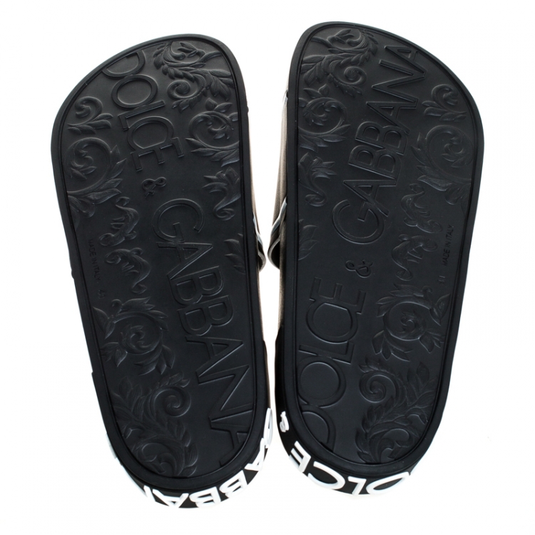 Pre Owned Dolce and Gabbana Black Leather Crown Logo Slip On Slides Size 41