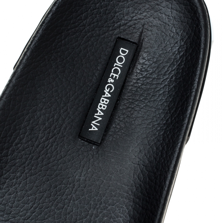 Pre Owned Dolce and Gabbana Black Leather Crown Logo Slip On Slides Size 43