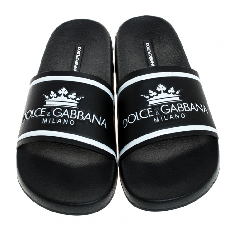 Pre Owned Dolce and Gabbana Black Leather Crown Logo Slip On Slides Size 43